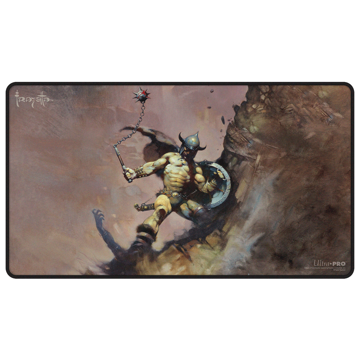 Close view of Ultra Pro Stitched Playmat - Frank Frazetta 'Warrior with Ball and Chain' packaging