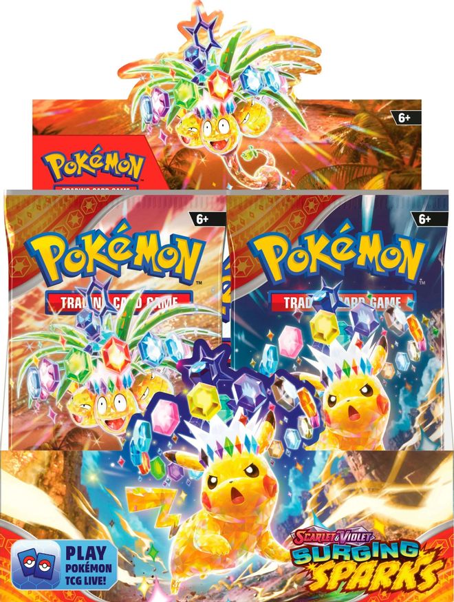 Close view of Pokémon Surging Sparks Booster Box (Sealed) packaging