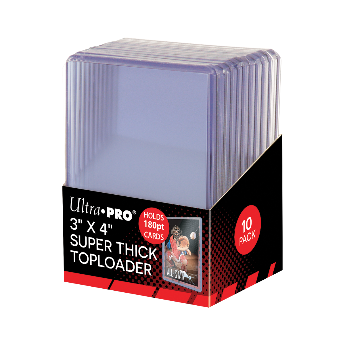 Close view of Ultra Pro 3x4 Super Thick Toploaders - 180pt (10ct) packaging