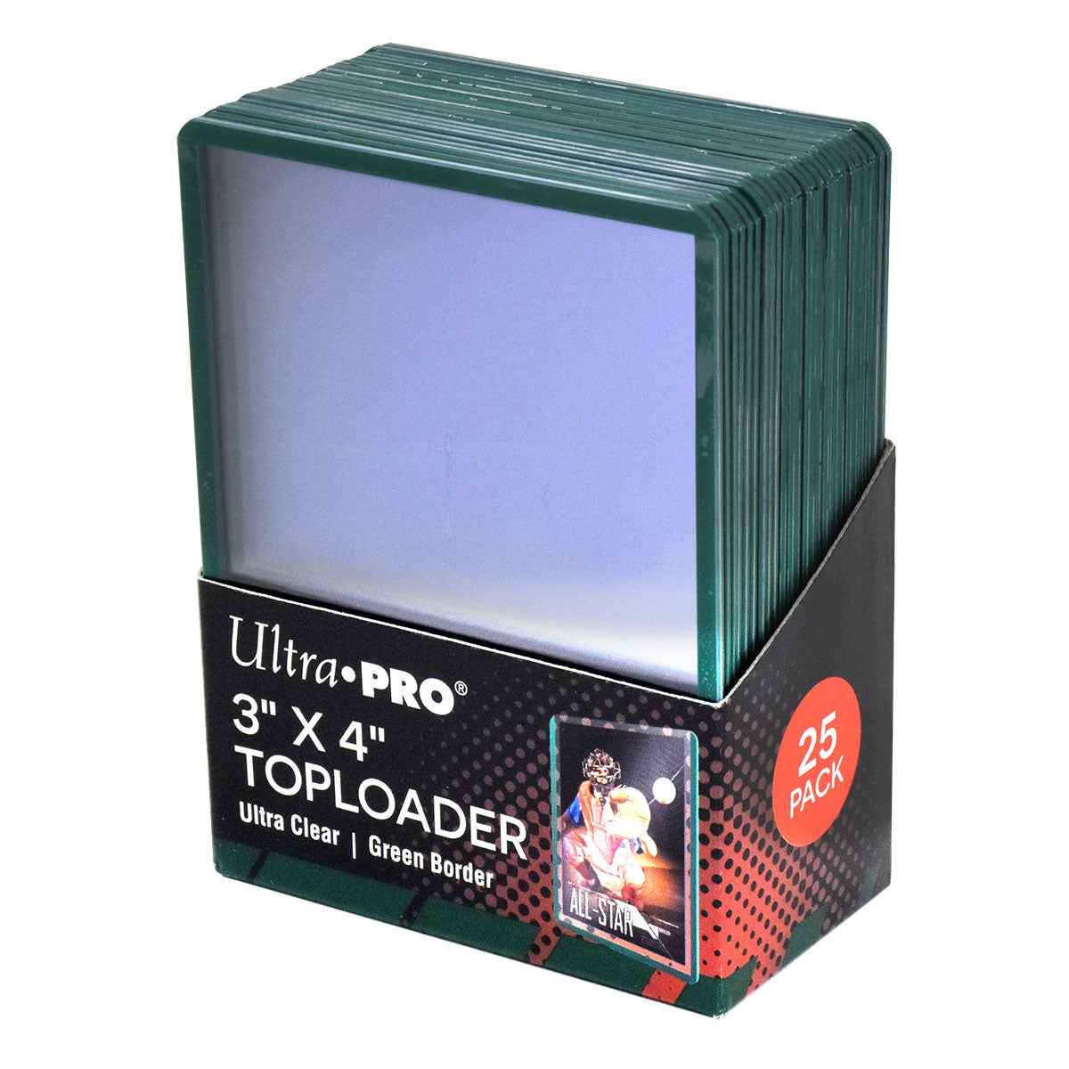 Close view of Ultra Pro 3x4 Toploaders - Green Border (25ct) packaging