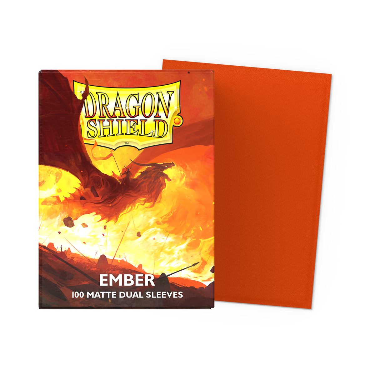 Close view of Dragon Shield Matte Dual Sleeves - Ember 'Alaric, Revolution Kindler' (100ct) packaging